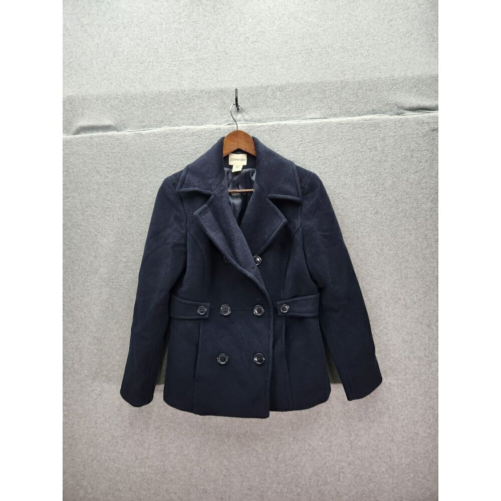 St. Johns Bay Womens Double-Breasted Peacoat Petite Small Navy Blue Wool Blend